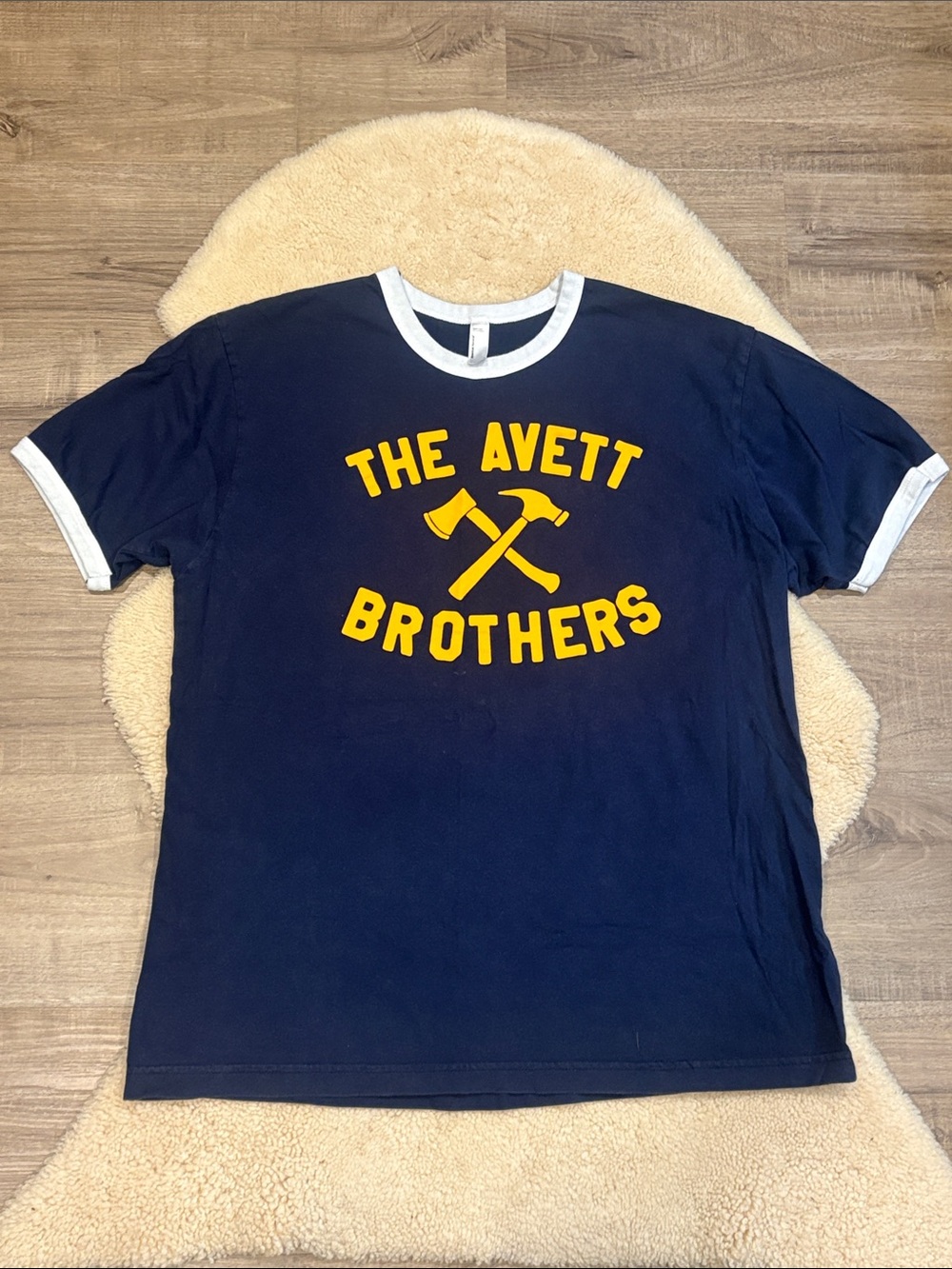 Avett Brothers Navy Blue Ringer Tee with Yellow Graphic